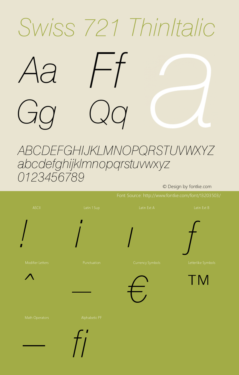 Swiss 721 ThinItalic Version 003.001 Font Sample