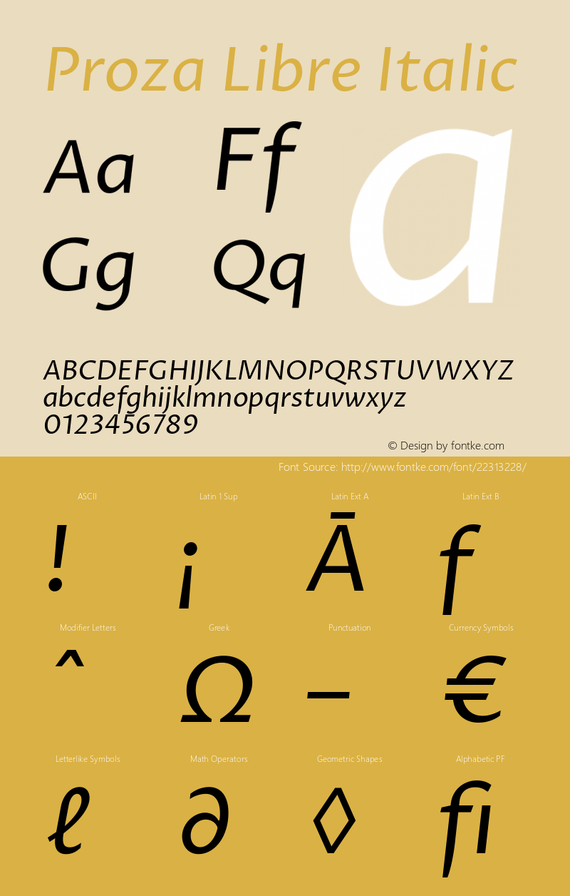 Proza Libre Italic Version 1.001; ttfautohint (v1.4.1.8-43bc) Font Sample